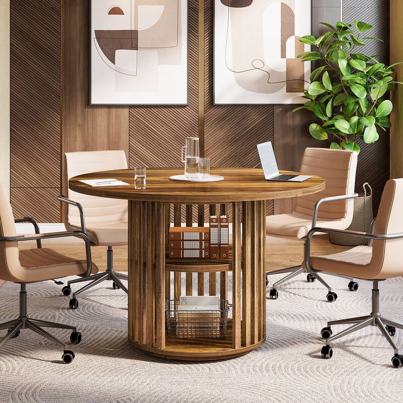47 Inch Round Conference Table with Storage and Solid Wood Base - 47.24" D x 47.24" W x 29.53" H