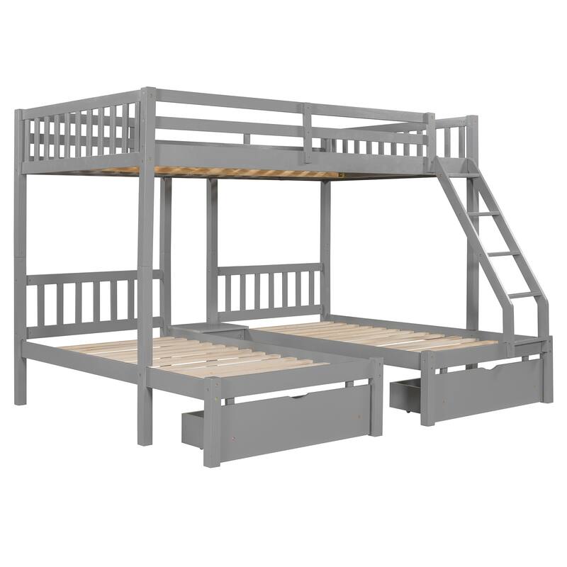 Wood Triple Bunk Bed with Drawers and Guardrails, Full Over Twin & Twin, Gray