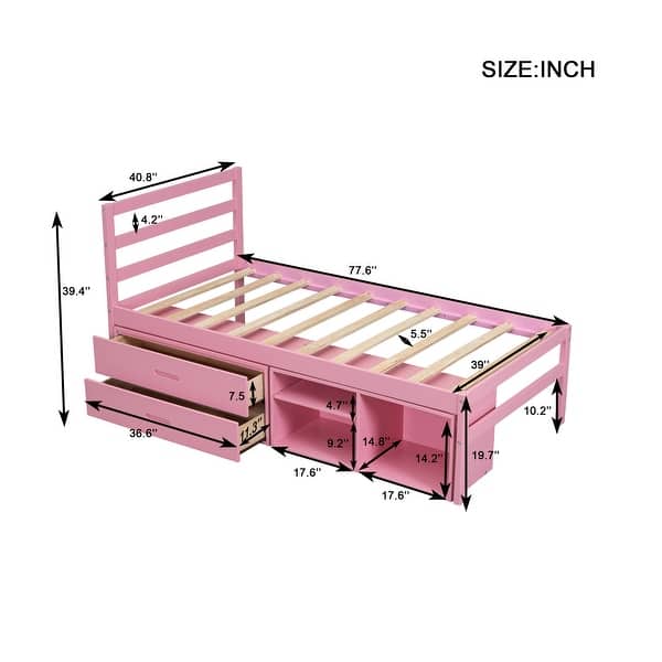 dimension image slide 5 of 6, Wooden Platform Bed Frame with Removable Storage Shelves, Built-in Two Storage Drawers and Headboard for Kids, Teens
