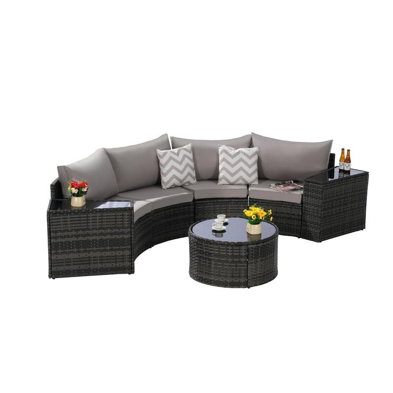 7-Piece Outdoor Patio Half-Moon Sectional Sofa Set with Tempered Glass Coffee Table