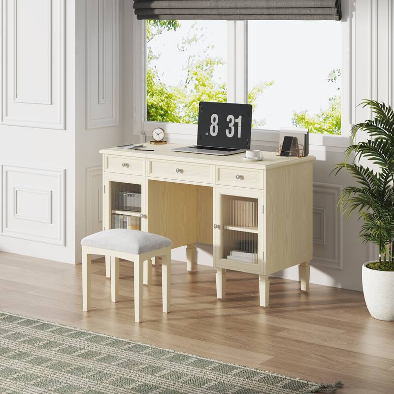 2-in-1 Makeup Vanity Writing Desk with Hidden Fold-Down Mirror & Cabinet, Computer Workstation Dressing Table Set with Stool