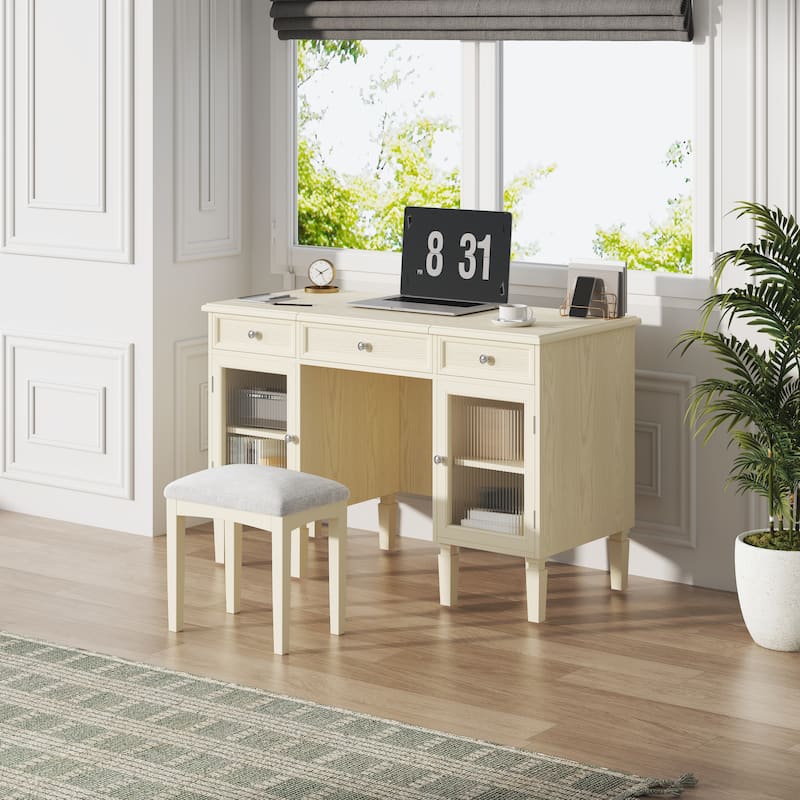 2-in-1 Vanity Desk with Flip-Top Mirror, Dressing Table Set with Drawer & Cabinet, Multi-Functional Computer Writing Desk