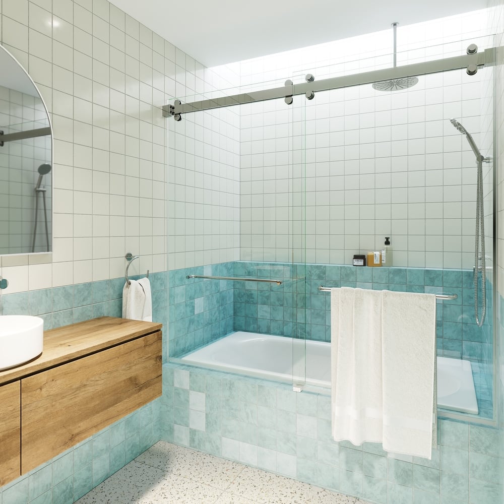 Polaris 60 in. x 66 in. Fully Frameless Glass Sliding Bypass Bathtub Doors with Square Hardware