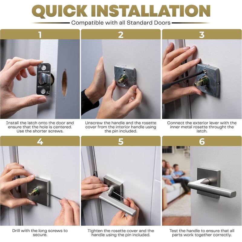 Mega Handles PRIME Reversible Passage Door Levers with Square Rosette | Modern Interior Handle for Bedroom, Bathroom, Hallway