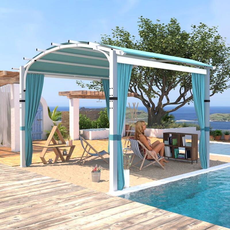 Cozywor 10 ft. x 10 ft. White Steel Patio Arched Pergola with Blue Shade Canopy and Curtains