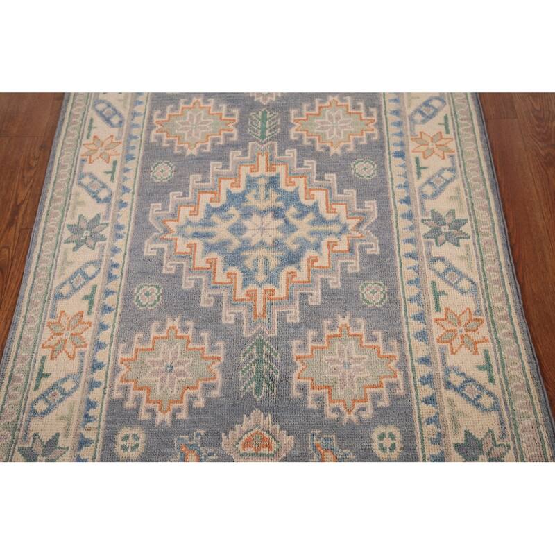 Geometric Kazak Accent Rug Hand-Knotted Grey Wool Carpet - 2'7" x 4'2"