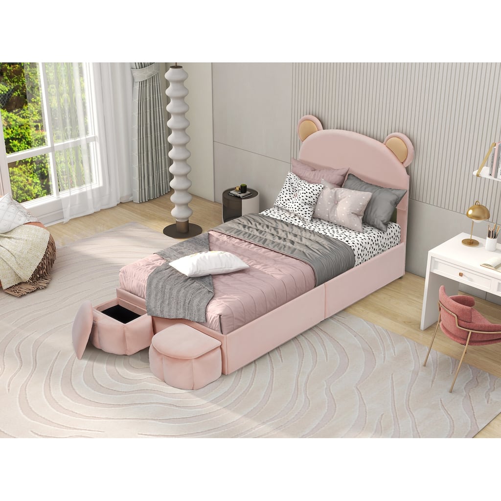 Twin Size Upholstered Platform Bed, Velvet Fabric Twin Bed Frame with Cartoon Bear Ears Shaped Headboard and 2 Storage Ottoman