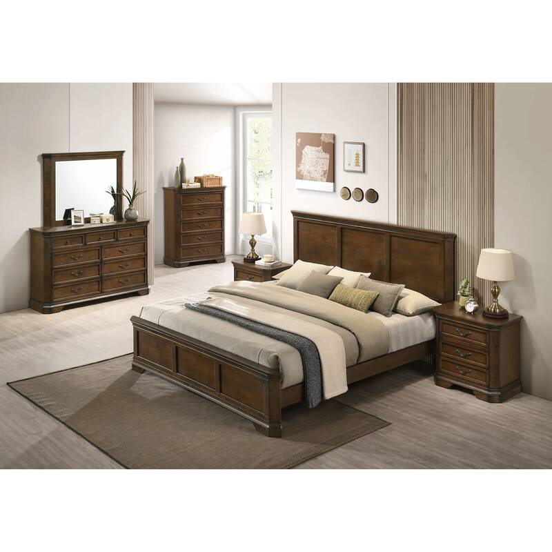 Maderne Traditional Wood Panel 6 pieces Queen Bed set with Dresser, Mirror, Two Nightstands, Chest - Walnut Brown
