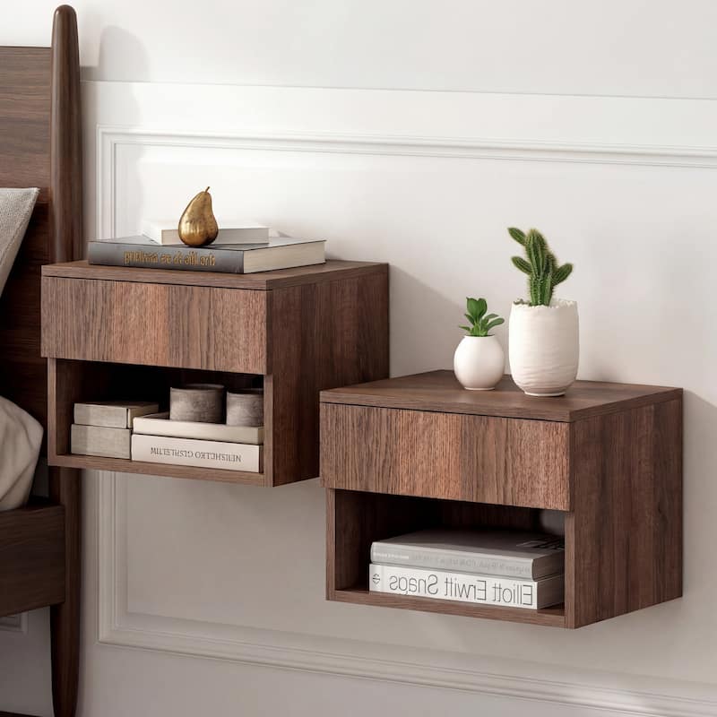 JONATHAN Y Celerie 15.71" Mid-Century Modern Floating Wall Mounted Nightstand with Soft-Close Drawer and Cable Hole - Dark Brown -(Set of 2)