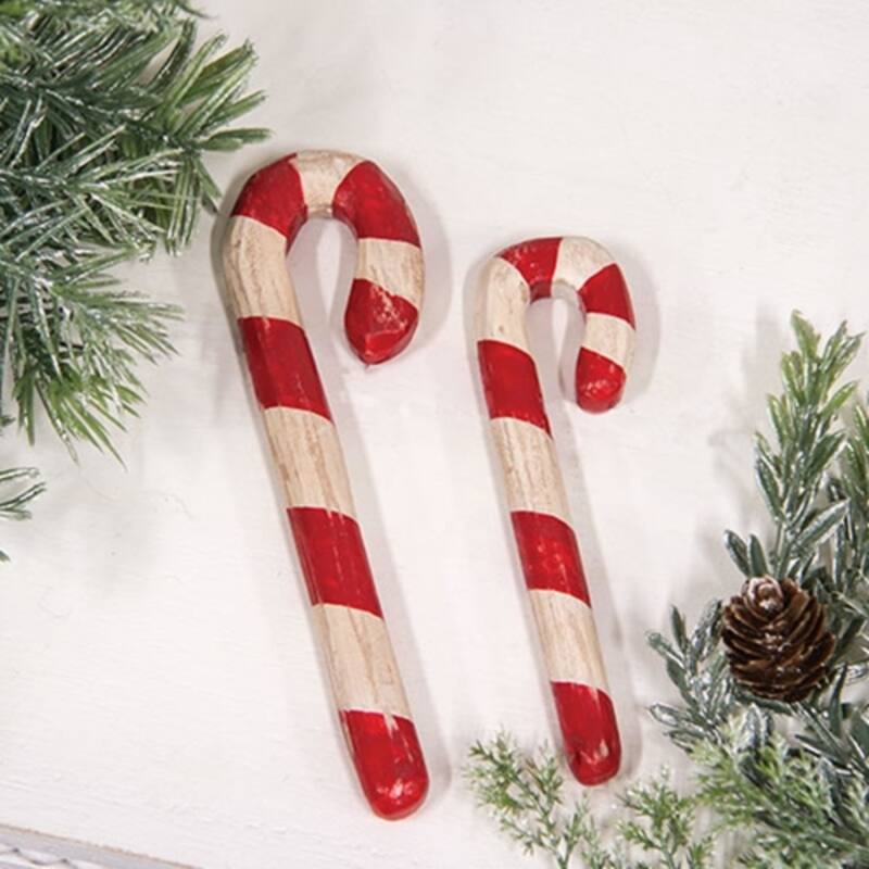 Set of 2 Resin Candy Cane Ornaments Red and White Distressed Finish Vintage Holiday Decor - Large: 5.75”H x 0.5”W x 0.25”D