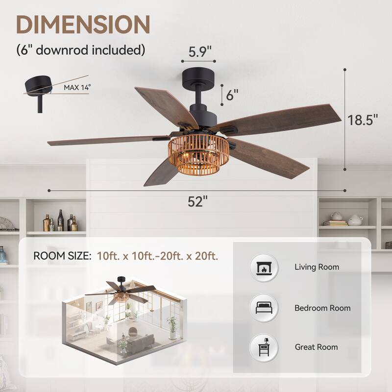 52-inch Farmhouse Ceiling Fan with Light and Remote(5 Reversible Blades）
