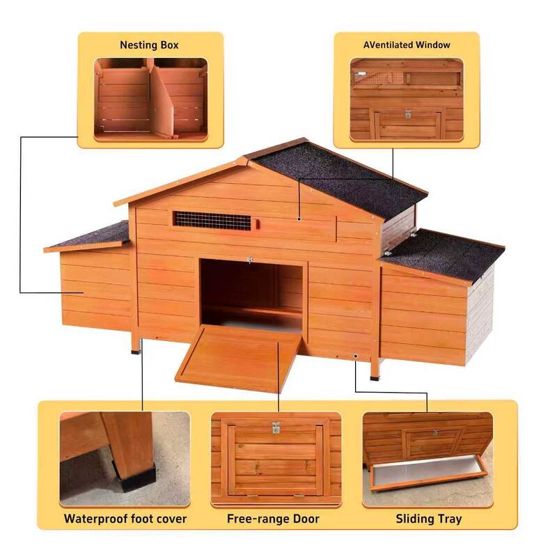 Large Wooden Chicken Coop Outdoor Hen House Poultry Cage with 2 Sides Nesting Boxes, 2 Free-range Doors Leakproof Tray