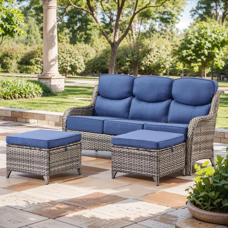 Outdoor Sofa with 6-Inch Thick Cushions Furniture for Porch - Grey Wicker Blue Cushion - 3PCS Sofa w/ Ottoman