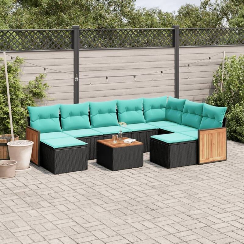 vidaXL 9/10 Piece Patio Sofa Set with Cushions Black/Gray Poly Rattan - 21.7 x 24.4 x 27.2 - Black With table