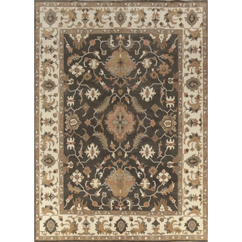 Brown Floral Oushak Indian Area Rug Hand-Knotted Wool Carpet - 9'3" x 12'0"