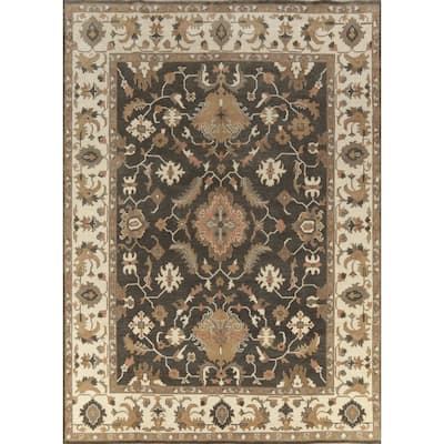 Brown Floral Oushak Indian Area Rug Hand-Knotted Wool Carpet - 9'3" x 12'0"