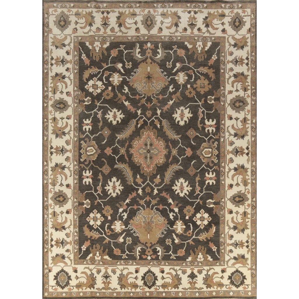 Brown Floral Oushak Indian Area Rug Hand-Knotted Wool Carpet - 9'3" x 12'0"