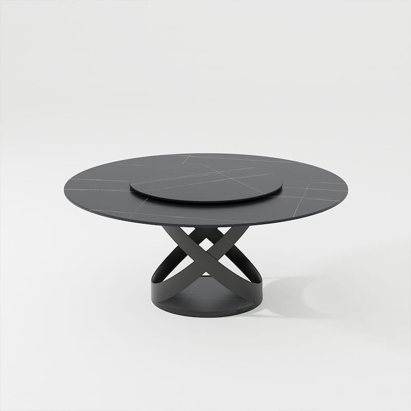 Modern Round White Glossy Dining Table with Sintered Stone Tabletop and Black X Carbon Steel Base