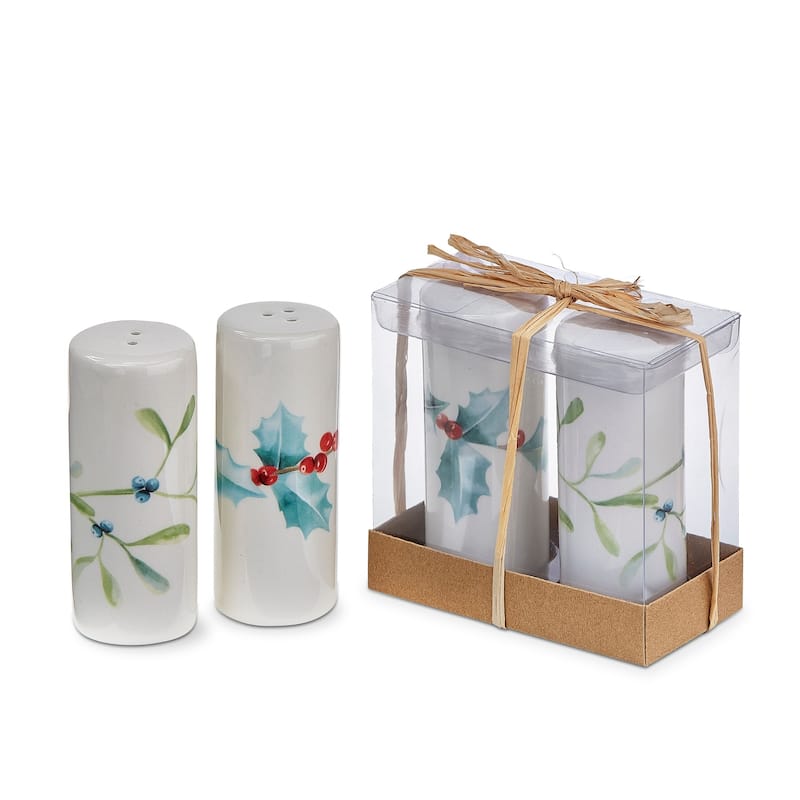 Winter Sprig Ceramic Salt and Pepper Shakers Set of 2 - Multicolor, Hand Wash Only, 3.67 in H x 1.5 in Dia