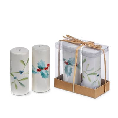 Winter Sprig Ceramic Salt and Pepper Shakers Set of 2 - Multicolor, Hand Wash Only, 3.67 in H x 1.5 in Dia