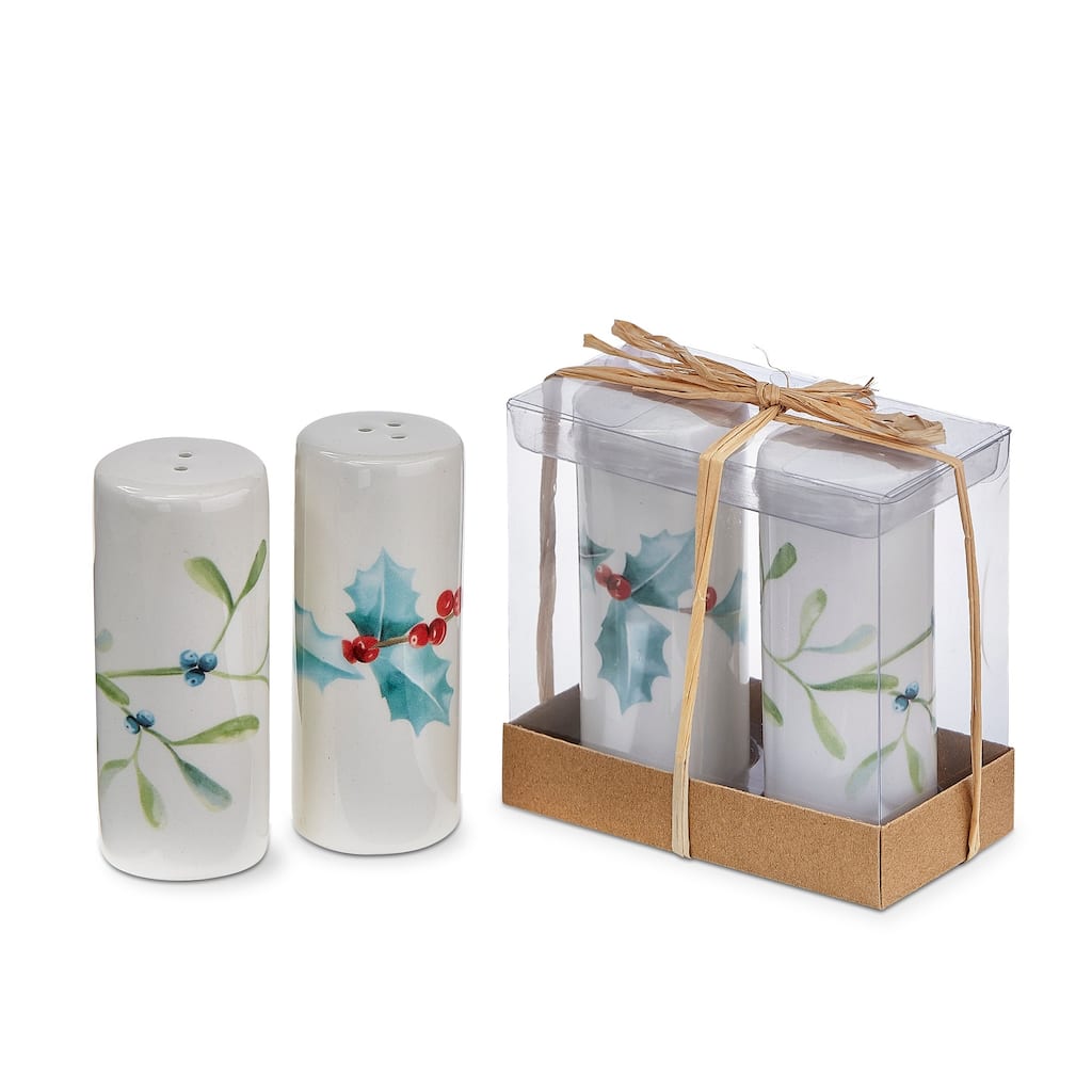Winter Sprig Ceramic Salt and Pepper Shakers Set of 2 - Multicolor, Hand Wash Only, 3.67 in H x 1.5 in Dia