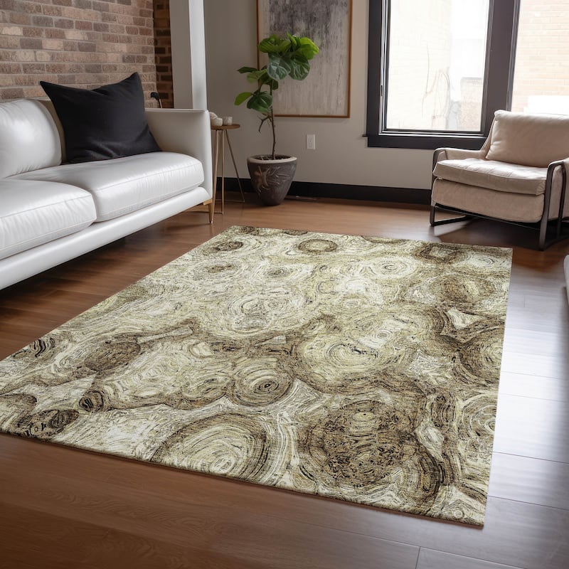 Machine Washable Indoor/ Outdoor Chantille Abstract Waves Rug - Beige - 5' x 7'6"