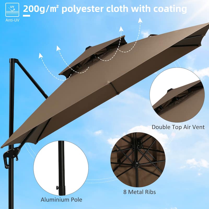 10ft Offset Patio Umbrella with Base, Double Top Hanging Aluminum Cantilever Umbrella with 360-degree Rotation, Easy Tilt