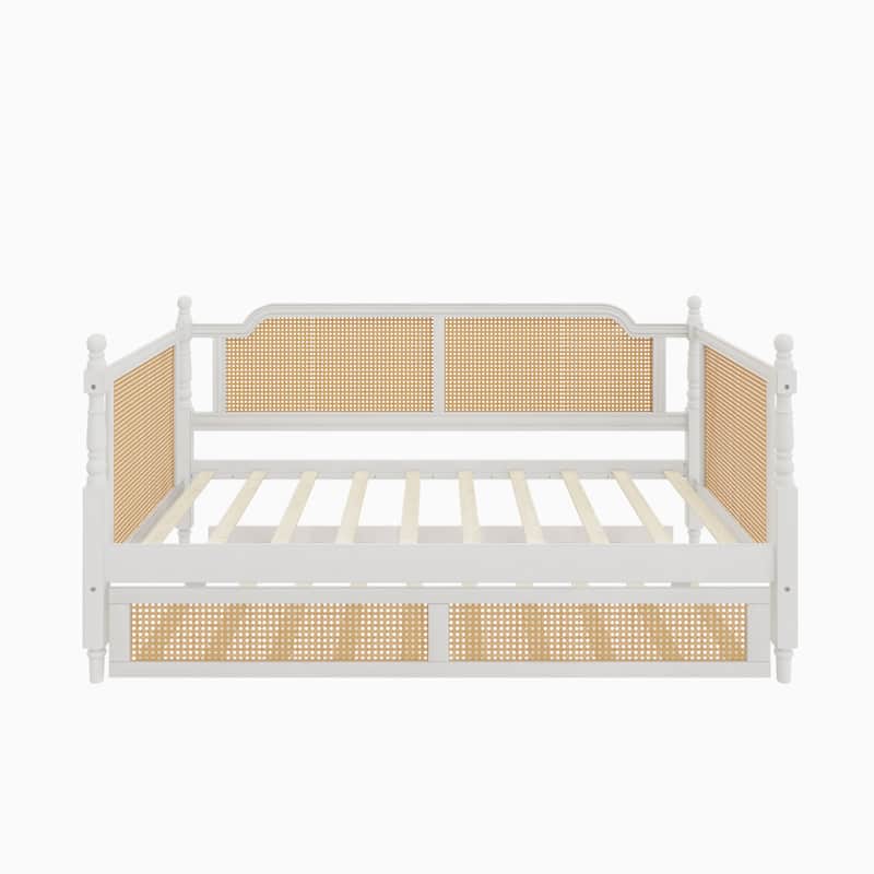 Rattan Daybed with Drawers/Twin Size Trundle, Bed Frame with Footboard