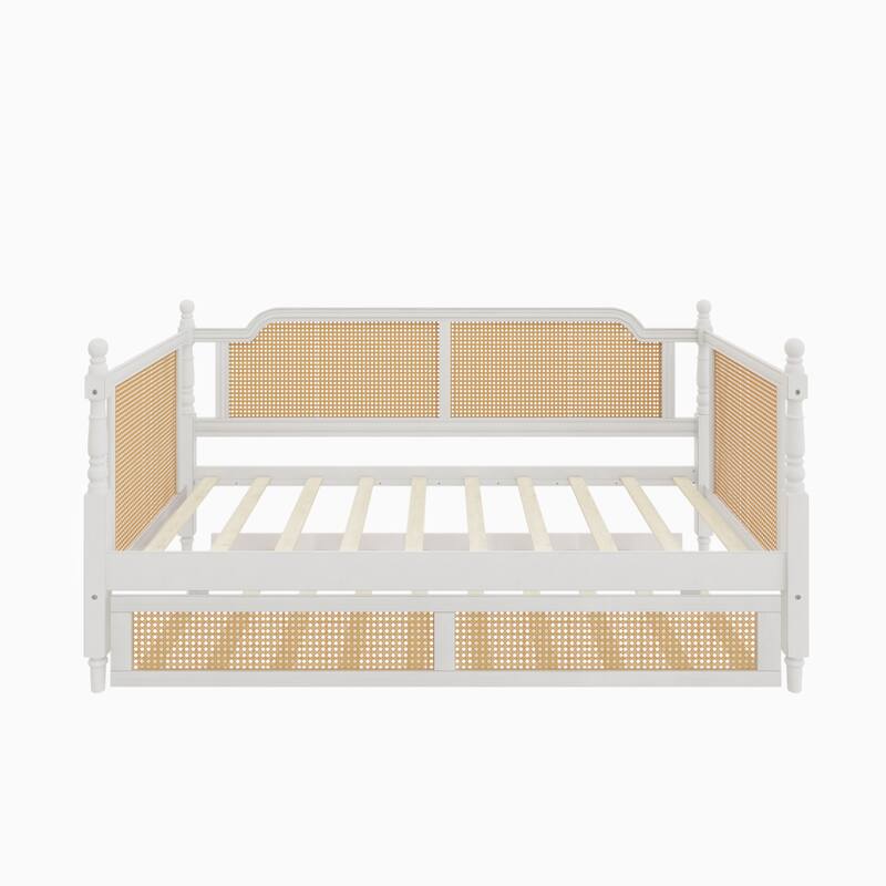 Rattan Frame Daybed with Pull-out Storage Drawers Bookcase Bed - Wooden Sofa Bed with Trundle Bed Platform Bedframe - Open Bed