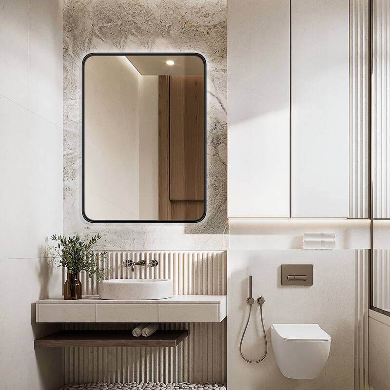 Matte Black Bathroom Mirror - Rustproof Framed Wall Mirror for Over Sink, Shatterproof Glass