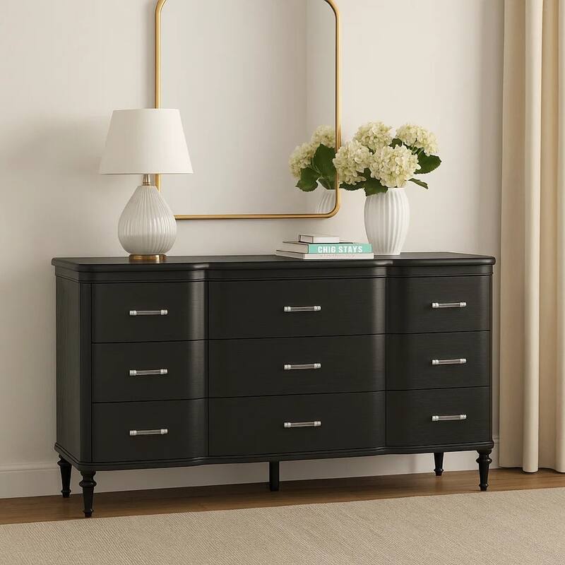 Eleena 6 Drawer Wide Dresser, Black Solid Wood, Acrylic Handles
