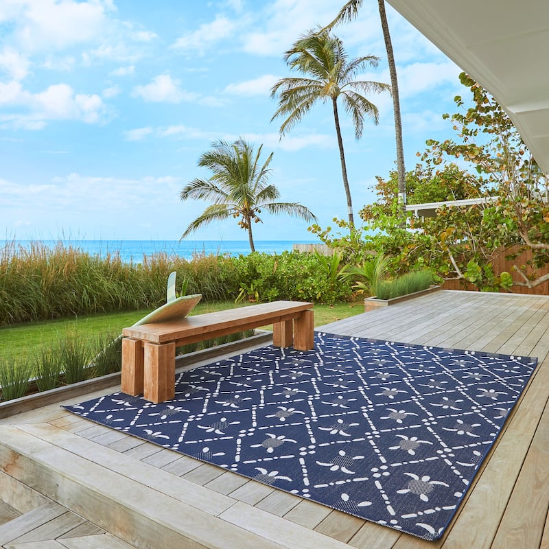 Reyn Spooner Kona Coast Royal Honu Navy Blue Sea Turtle Flatweave Indoor/ Outdoor Area Rug