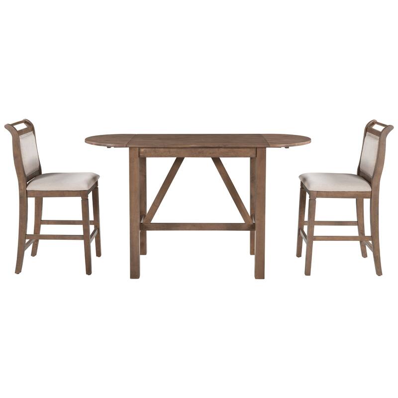 3-Piece Wood Counter Height Drop Leaf Dining Table Set with 2 Upholstered Dining Chairs, Kitchen Island Side Table