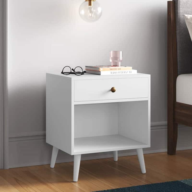 Mid Century Modern 1 Drawer Nightstand with Open Shelf Pinewood Legs