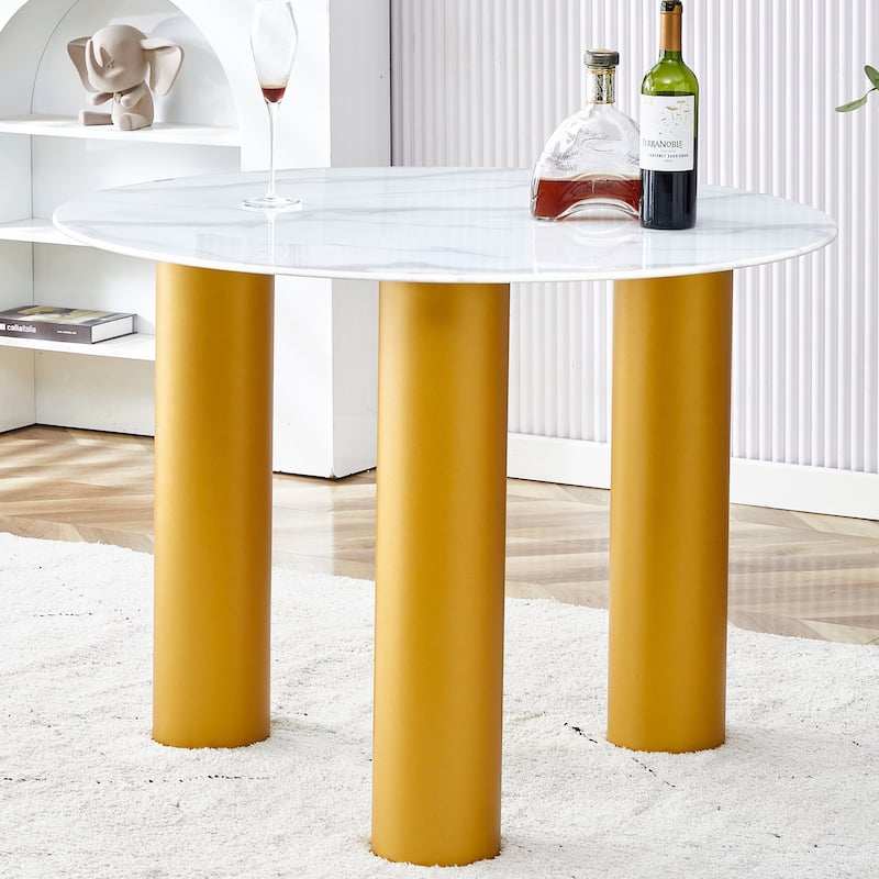 Roomfitters Round Dining Table with Faux Marble Glass Top and Golden MDF Legs for Kitchen or Living Room, White