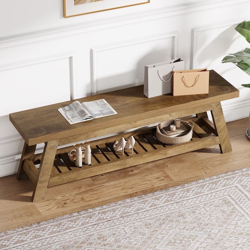 2-Tier Entryway Shoe Bench with Storage, 55-Inch Long Wood Storage Bench for Living Room, Bedrooms