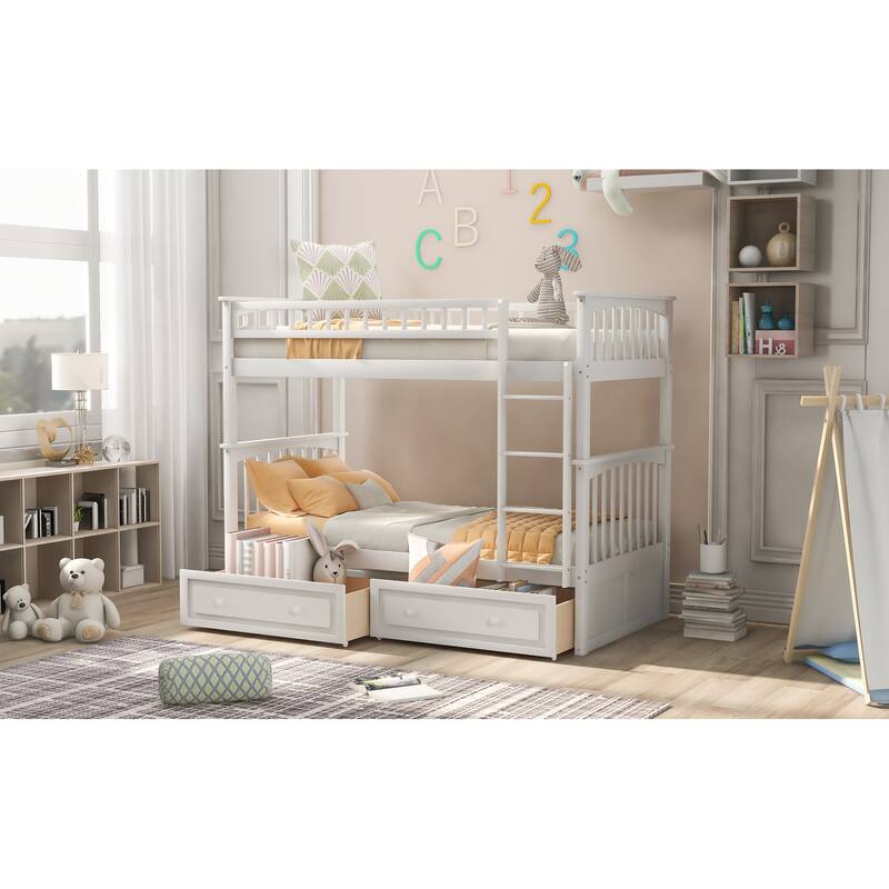 Convertible Twin Bunk Bed with Drawers, White, Solid Pine and MDF Construction