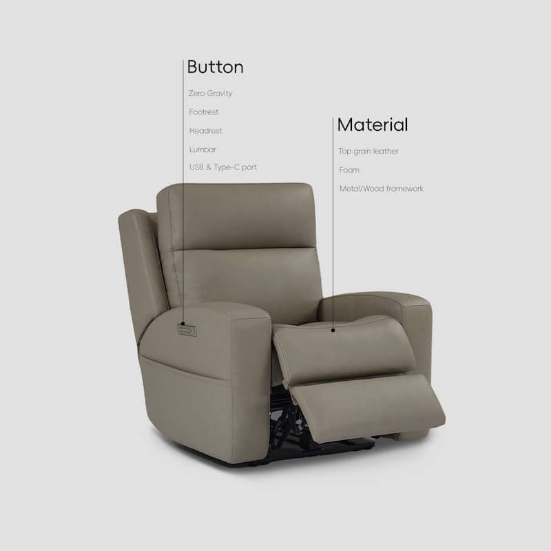 39''W Genuine leather Triple-Power Reclining with Extendable Footrest and USB/USB-C Ports