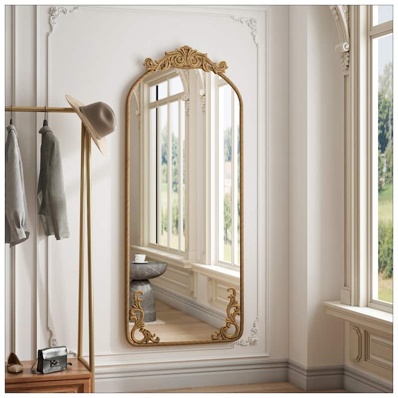 58"x24" Arched Full Body Mirror with Vintage Ornate Carved Applique - Bronze-58"x24"