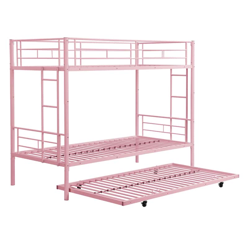 Twin Over Twin Bunk Bed with Trundle, Metal Bunkbeds with Ladder and Full-Length Guardrail, Noise Free, No Box Spring Needed