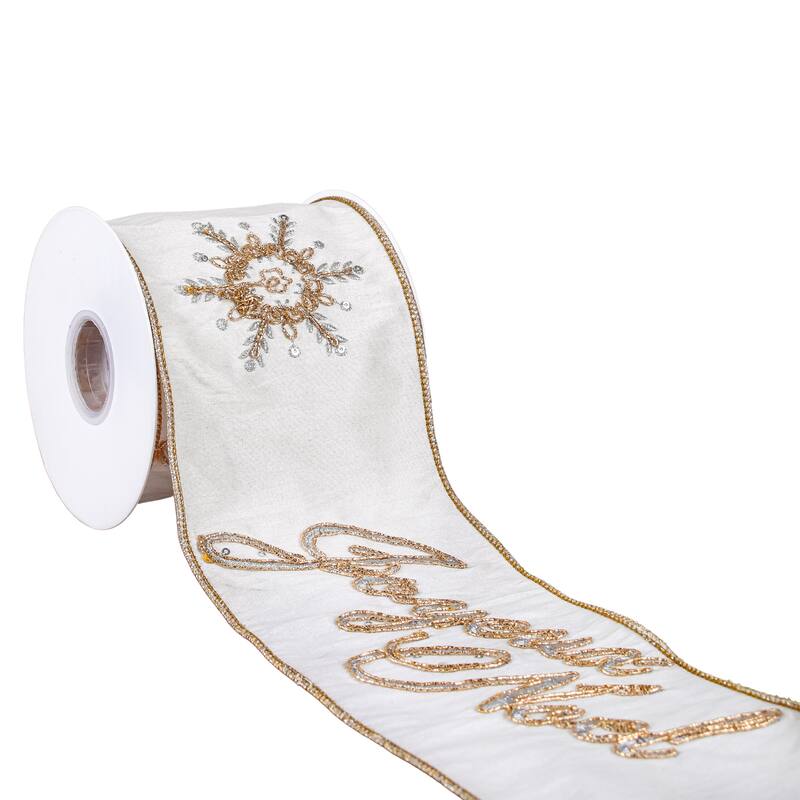 HGTV Home Collection Joyuex Snowflake Embroidered Dupioni Ribbon, Ivory, 4 in - 4 in