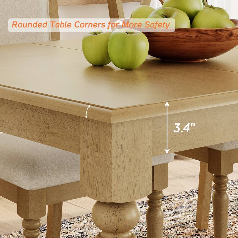 4-Piece Dining Table Set, Table with Bench & 2 Cross-Back Chairs, Oak