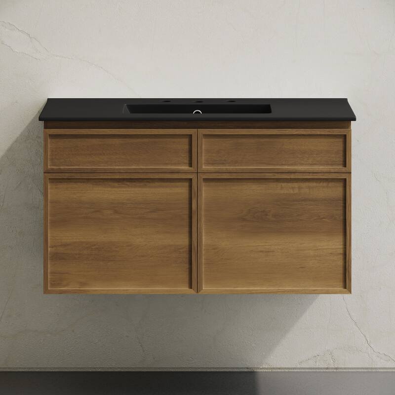 St. Tropez 36" Wall-Mounted Bathroom Vanity In Brown Oak With Black 3-Hole Widespread Sink Top - 36