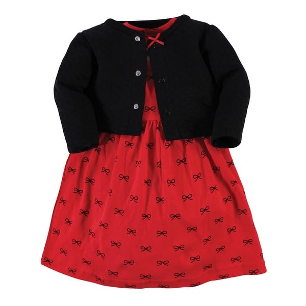 slide 1 of 1, Hudson Baby Baby and Baby Girl Quilted Cardigan and Dress, Red Black Bows 0-3 Months - Red Black Bows