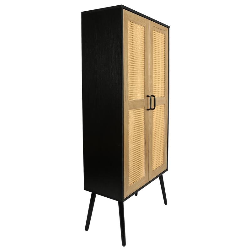 Rustic Wooden Farmhouse Storage Cabinet with Double Rattan Doors