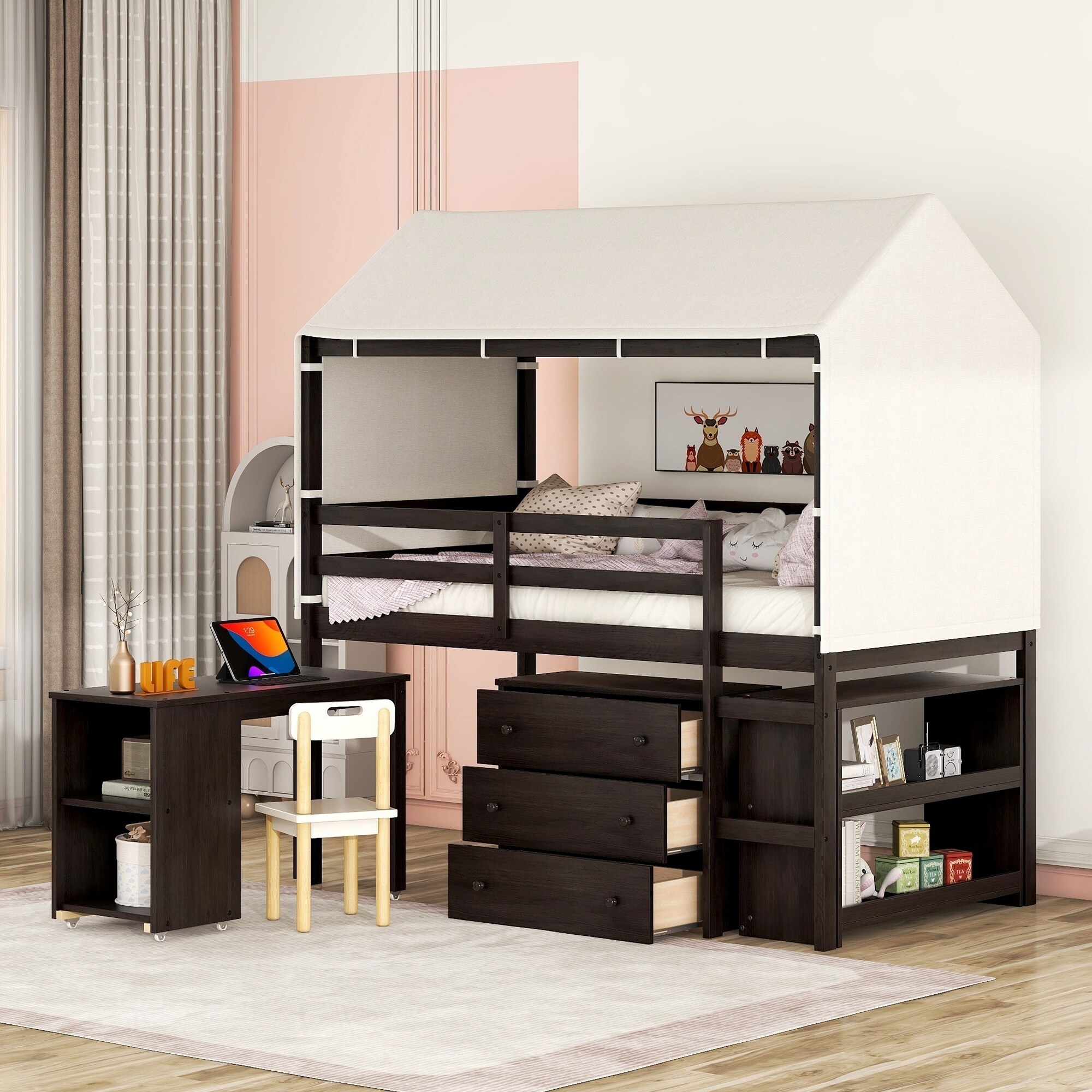 Twin Size Loft Bed with Rolling Cabinet, Shelf and Tent