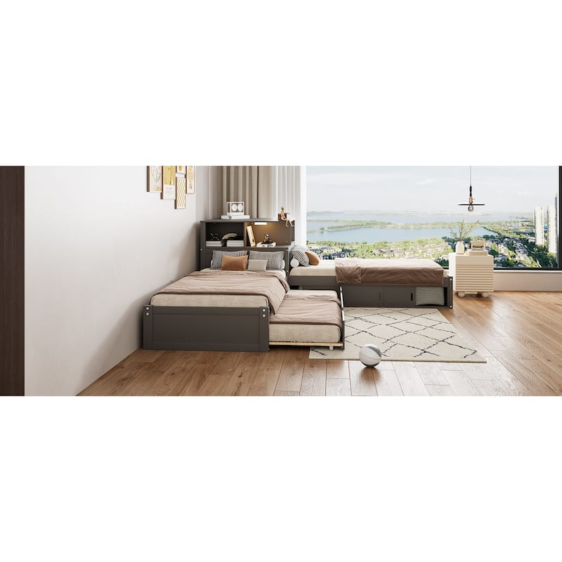 Roomfitters Twin L-Shaped Platform Bed with Trundle, Storage Cabinets and LED Desk