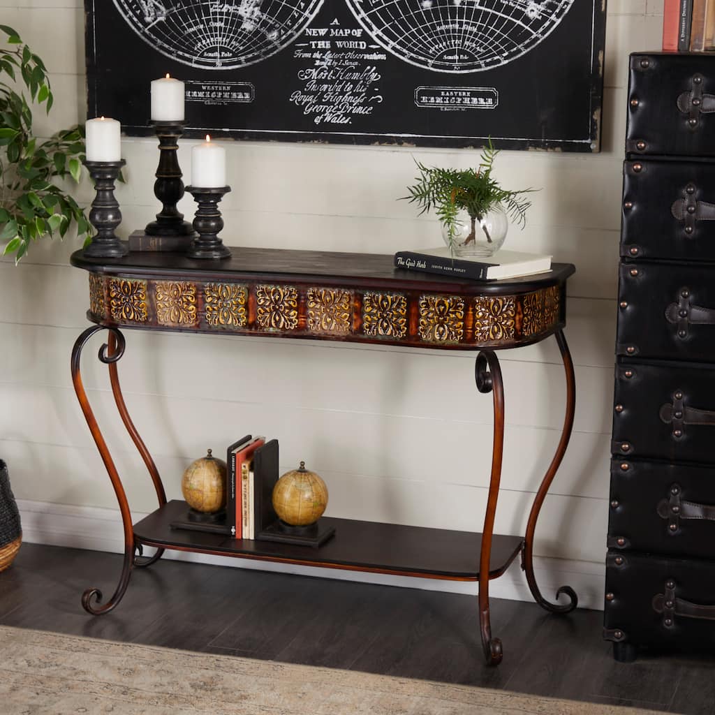 Brown Metal Embossed 1 Shelf Floral Console Table with Ornate Scroll Legs