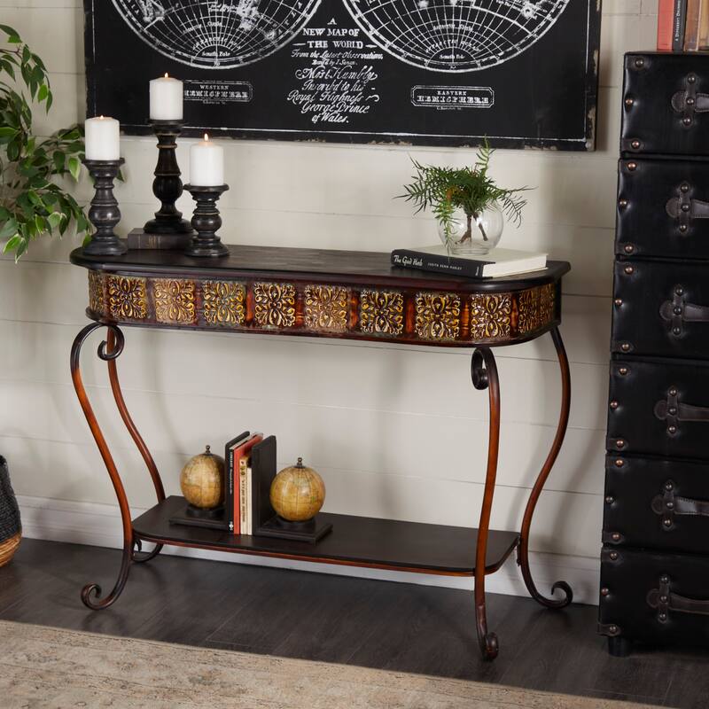 Brown Metal Embossed 1 Shelf Floral Console Table with Ornate Scroll Legs - Brown