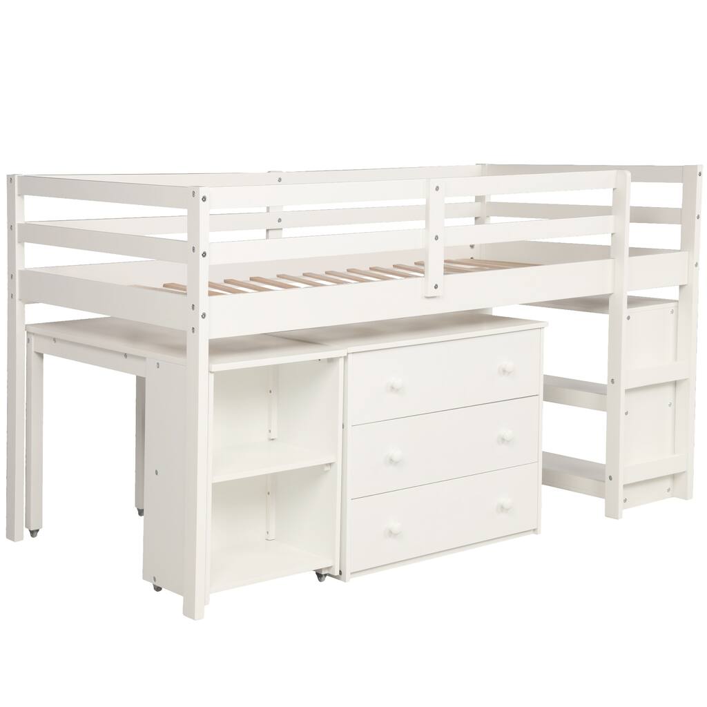 Low Study Twin Wood Loft Bed with Cabinet and Rolling Portable Desk ...